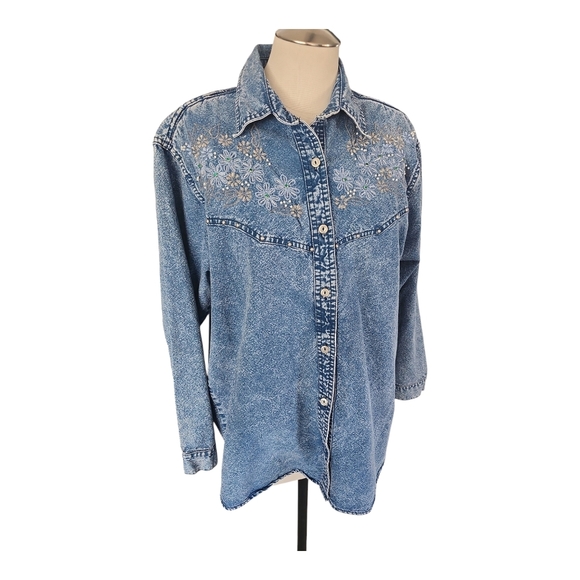 Jane Ashley Blue Denim Shirt Acid Wash Embellished Button Down L - Picture 1 of 10